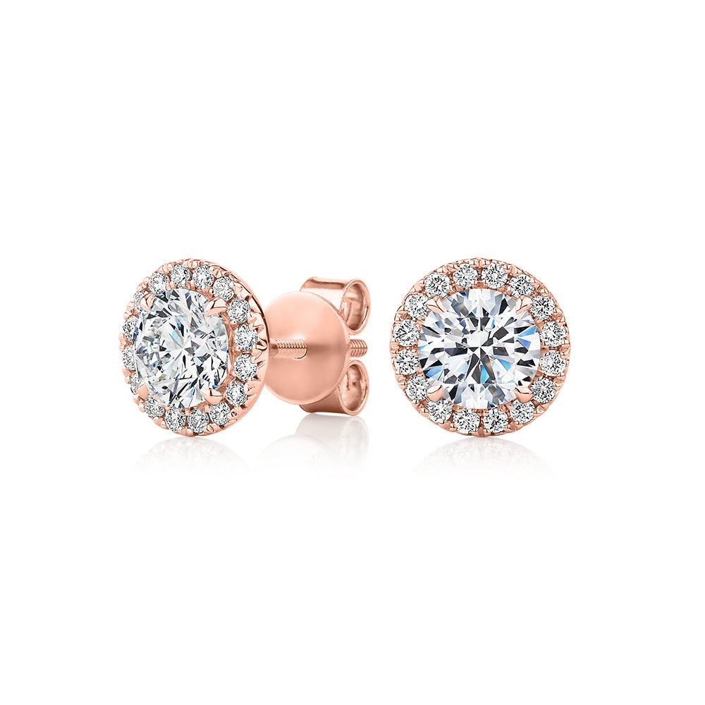 Premium Certified Laboratory Created Diamond, 1.67 carat TW round brilliant halo earrings in 18 carat rose gold