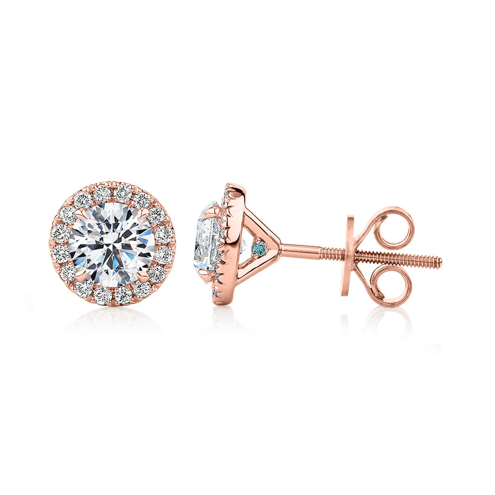 Premium Certified Laboratory Created Diamond, 1.67 carat TW round brilliant halo earrings in 18 carat rose gold