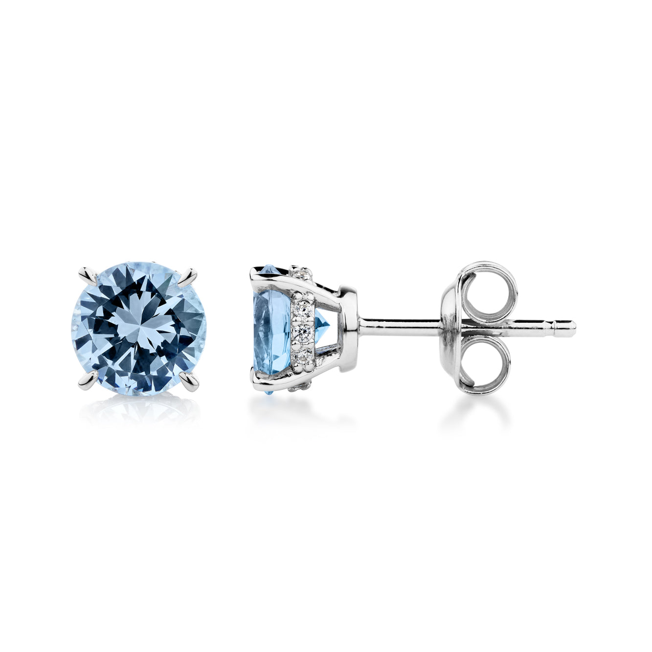 Round Brilliant stud earrings with blue topaz simulants in sterling silver