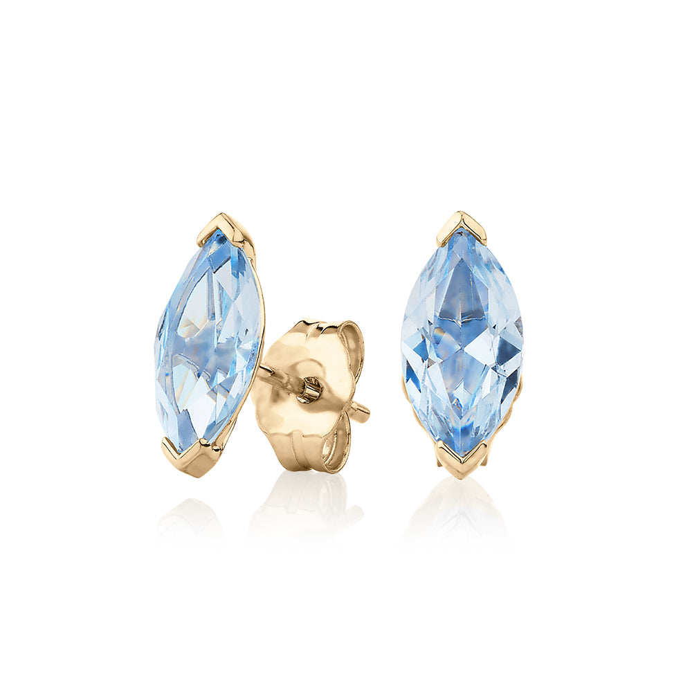 Marquise stud earrings with aquamarine simulants in 10 carat yellow gold