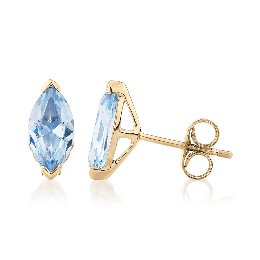 Marquise stud earrings with aquamarine simulants in 10 carat yellow gold