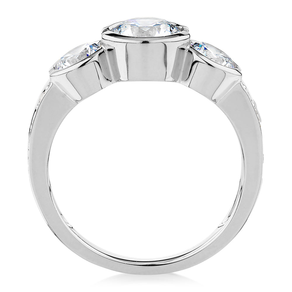 Three stone ring with 2.11 carats* of diamond simulants in 10 carat white gold