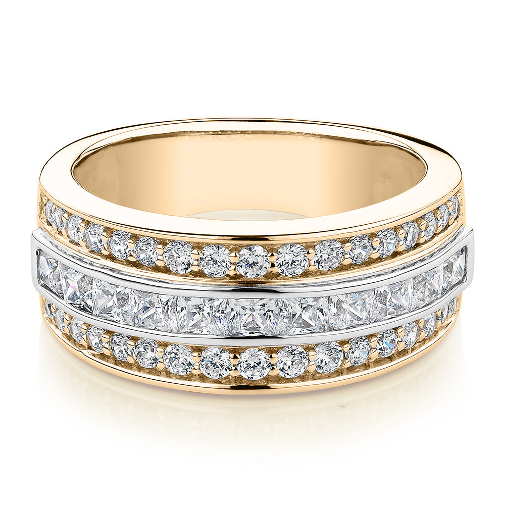 Princess Cut and Round Brilliant Dress ring with 1.62 carats* of diamond simulants in 10 carat yellow and white gold