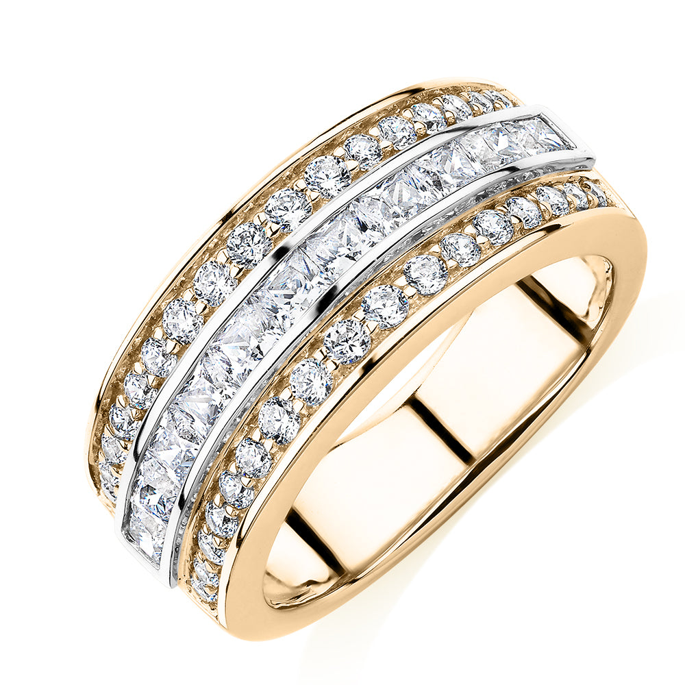 Princess Cut and Round Brilliant Dress ring with 1.62 carats* of diamond simulants in 10 carat yellow and white gold