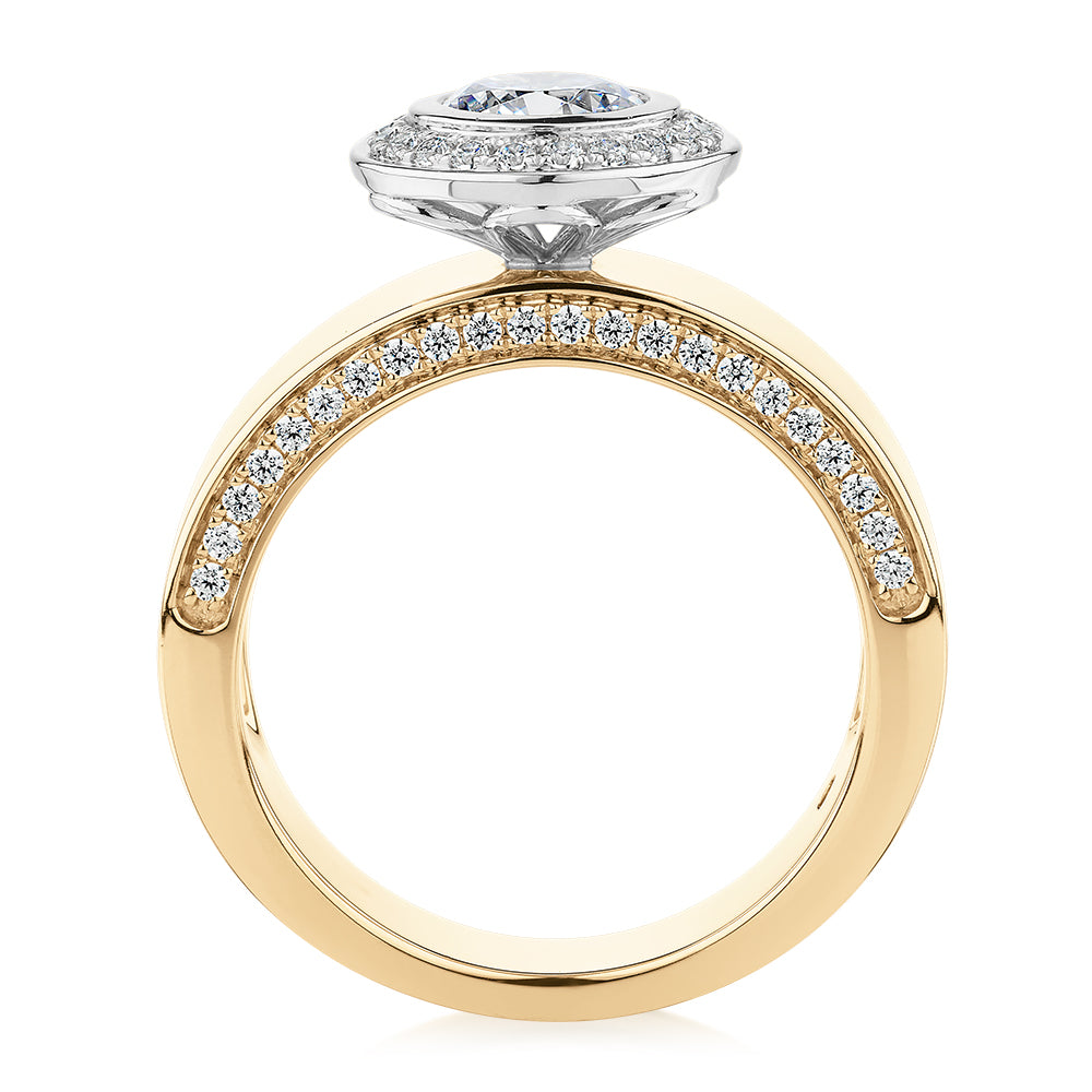 Premium Certified Lab-Grown Diamond, 1.37 carat TW round brilliant halo engagement ring in 14 carat yellow and white gold