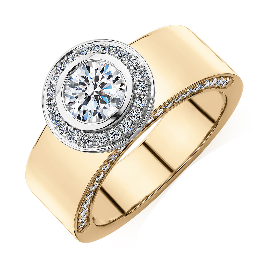 Premium Certified Lab-Grown Diamond, 1.37 carat TW round brilliant halo engagement ring in 14 carat yellow and white gold