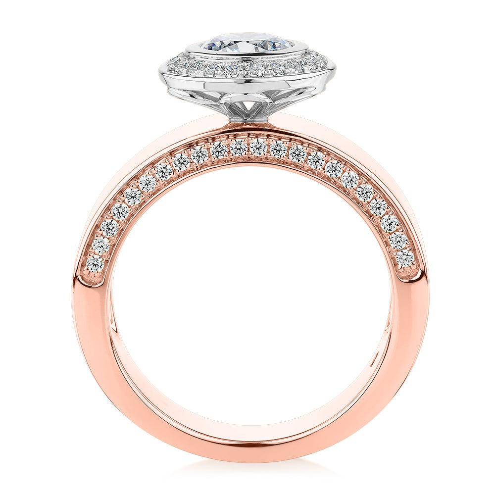 Premium Certified Lab-Grown Diamond, 1.37 carat TW round brilliant halo engagement ring in 14 carat rose and white gold