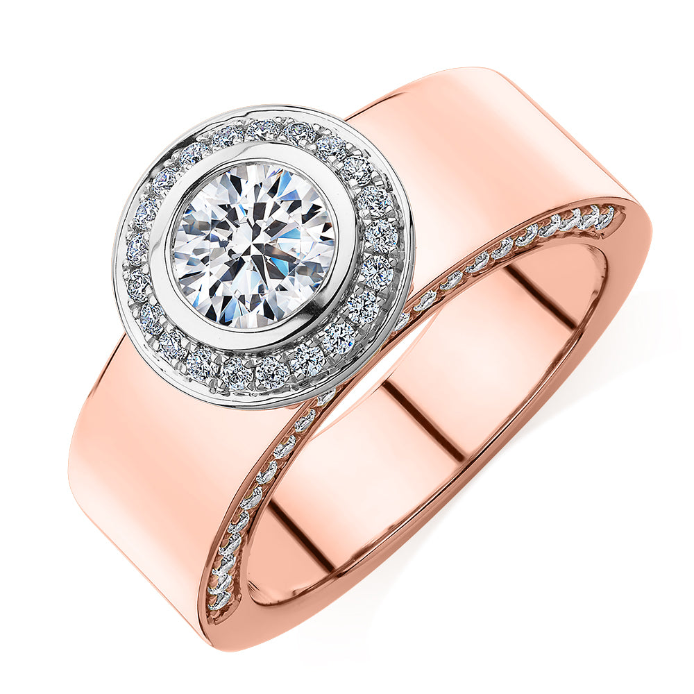 Premium Certified Lab-Grown Diamond, 1.37 carat TW round brilliant halo engagement ring in 14 carat rose and white gold