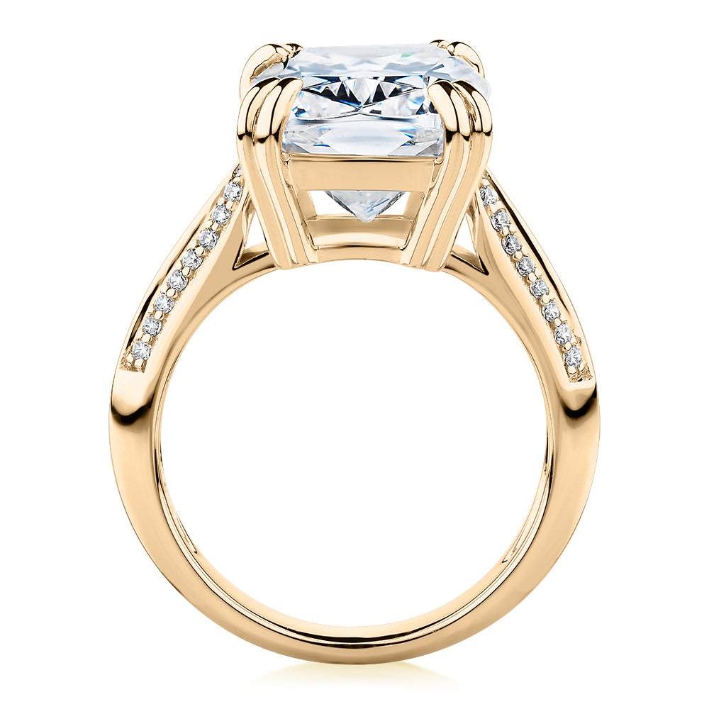 Cushion Radiant and Round Brilliant shouldered engagement ring with 11.64 carats* of diamond simulants in 10 carat yellow gold