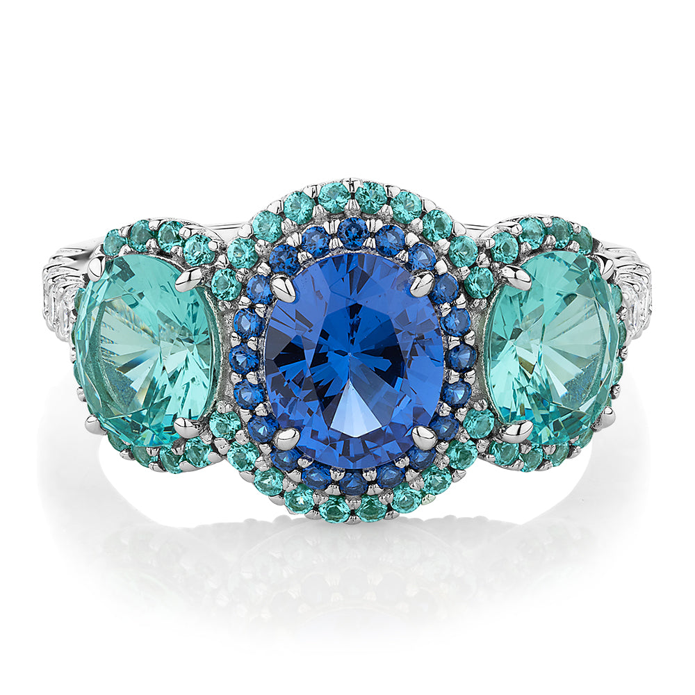 Dress ring with ocean blue and green simulants and 0.40 carats* of diamond simulants in sterling silver