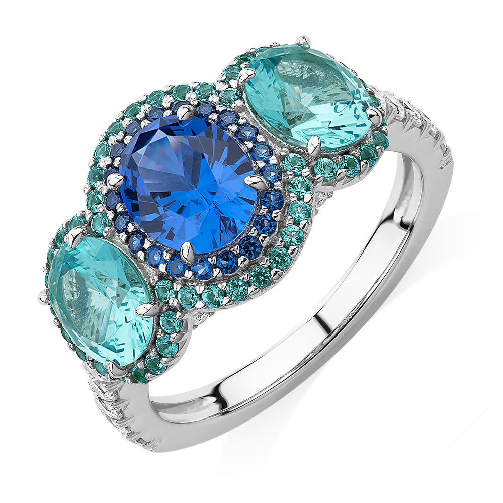 Dress ring with ocean blue and green simulants and 0.40 carats* of diamond simulants in sterling silver