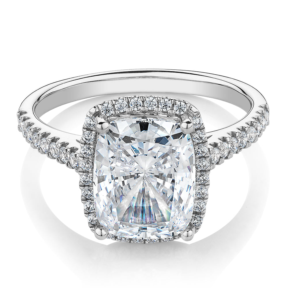 Cushion Radiant and Round Brilliant halo engagement ring with 3.73 carats* of diamond simulants in 10 carat white gold