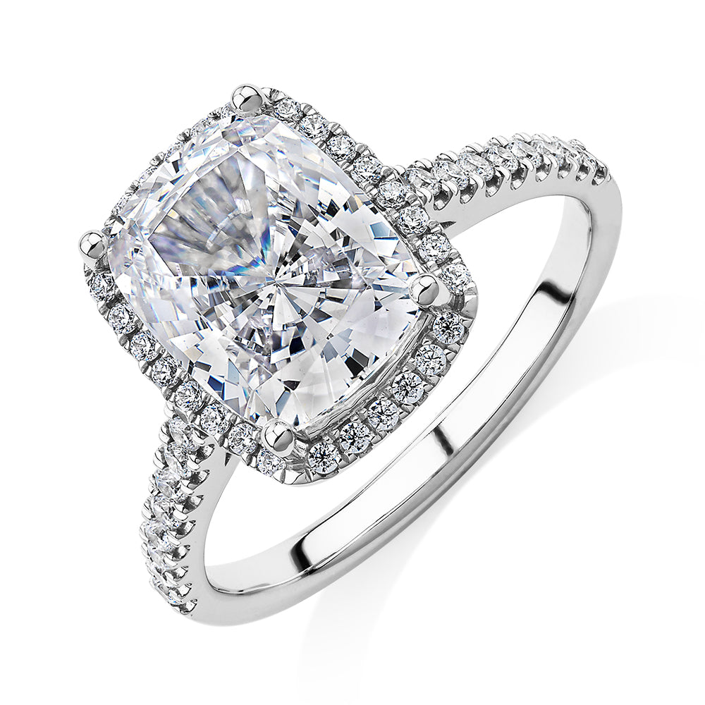 Cushion Radiant and Round Brilliant halo engagement ring with 3.73 carats* of diamond simulants in 10 carat white gold