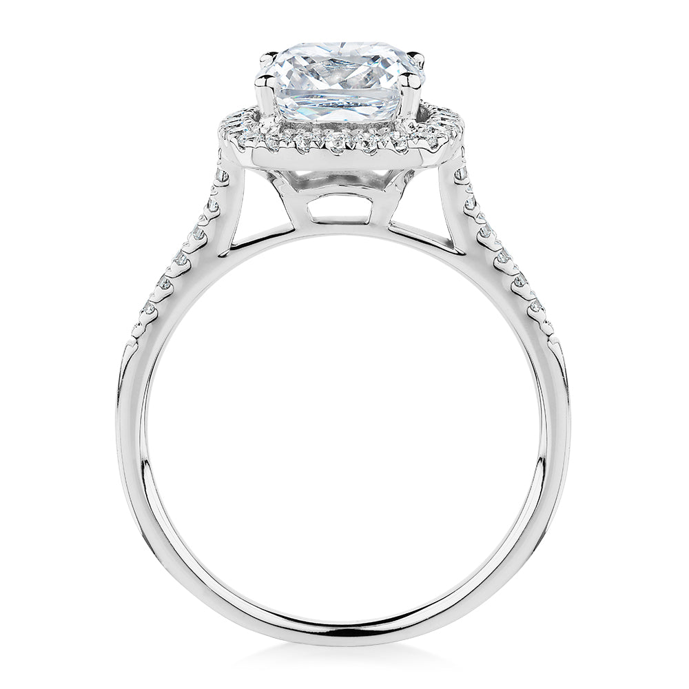 Cushion and Round Brilliant halo engagement ring with 1.91 carats* of diamond simulants in 14 carat white gold