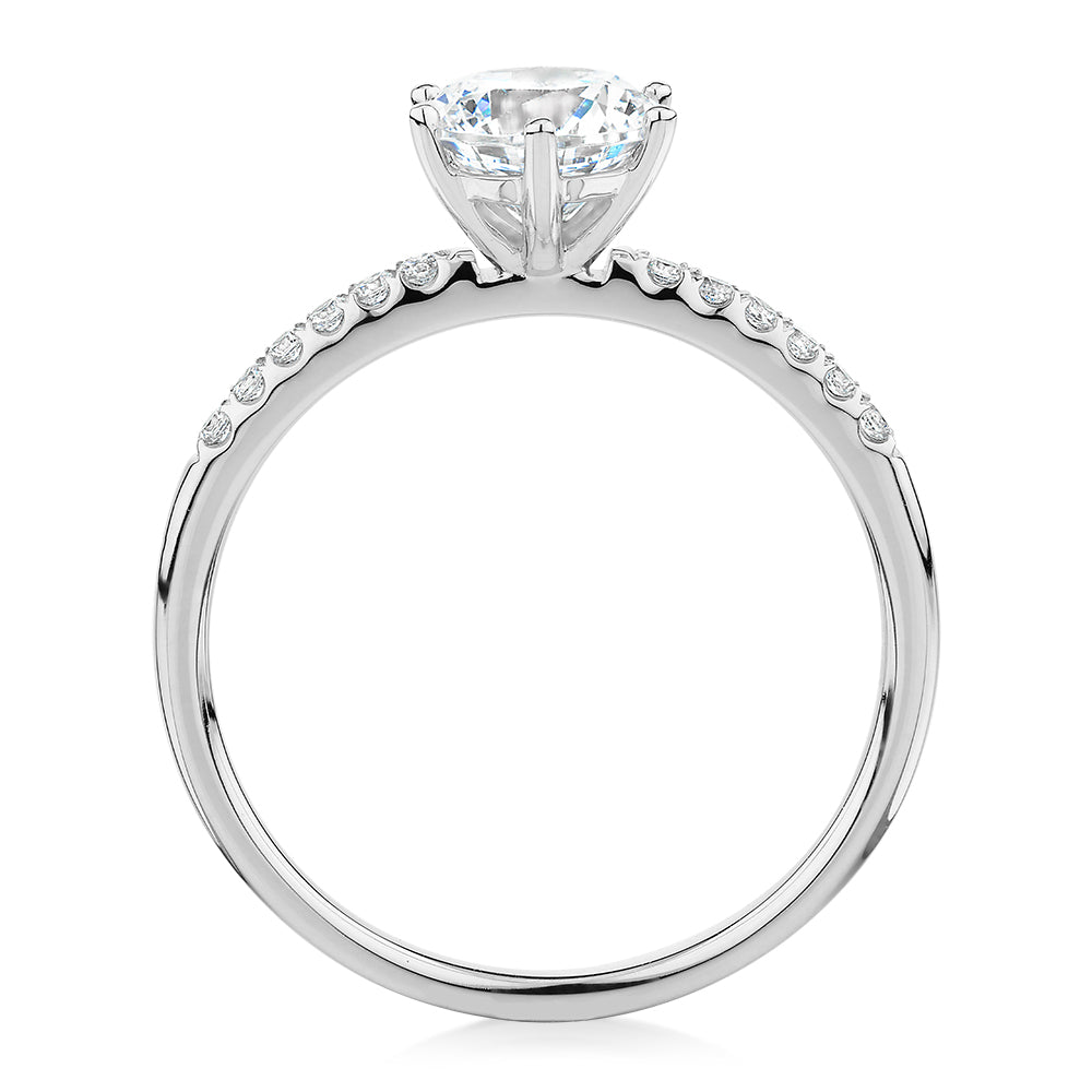 Round Brilliant shouldered engagement ring with 1.11 carats* of diamond simulants in 14 carat white gold