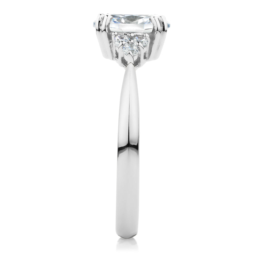 Oval and Round Brilliant shouldered engagement ring with 1.3 carats* of diamond simulants in 14 carat white gold