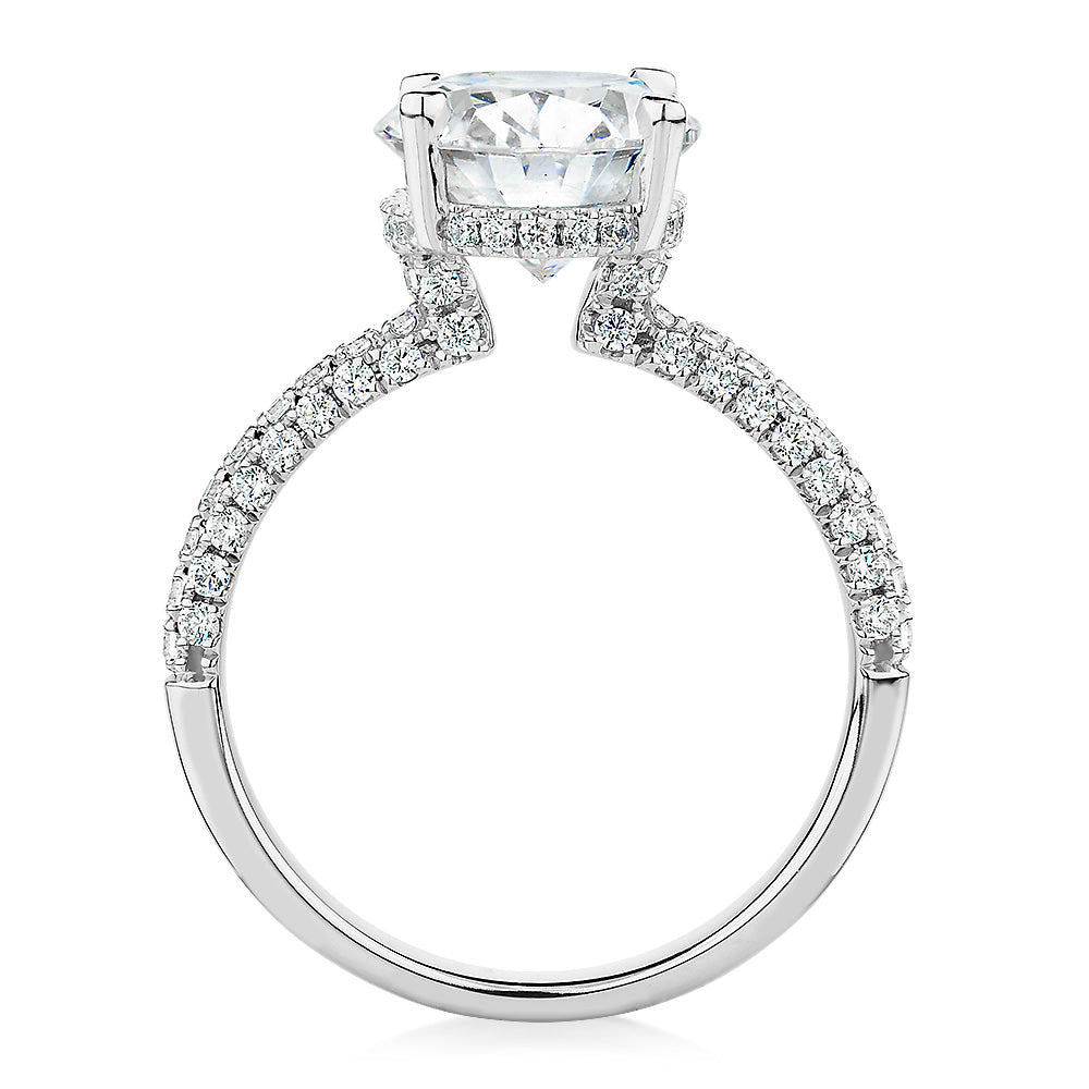 Oval and Round Brilliant shouldered engagement ring with 4.35 carats* of diamond simulants in 10 carat white gold