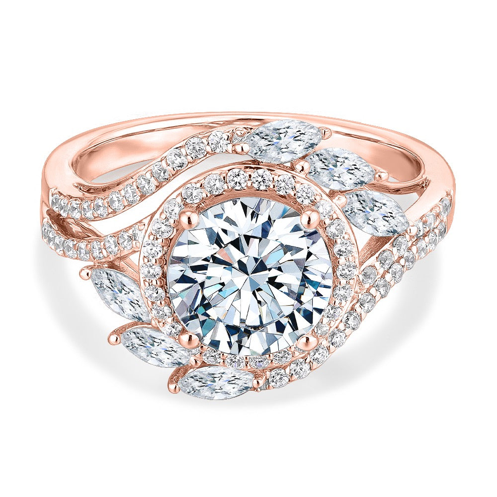 Round Brilliant halo engagement ring with 2.97 carats* of diamond simulants in 14 carat rose gold