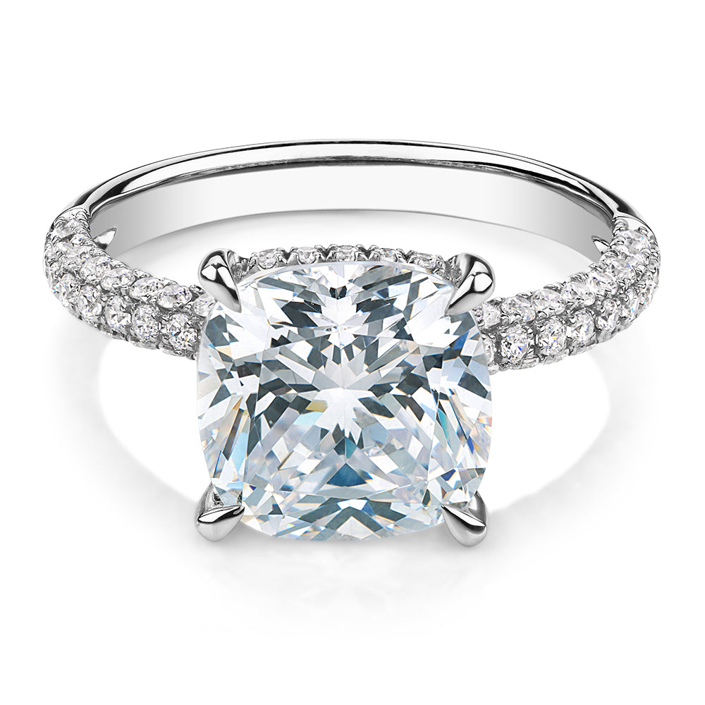 Cushion and Round Brilliant shouldered engagement ring with 3.84 carats* of diamond simulants in 10 carat white gold