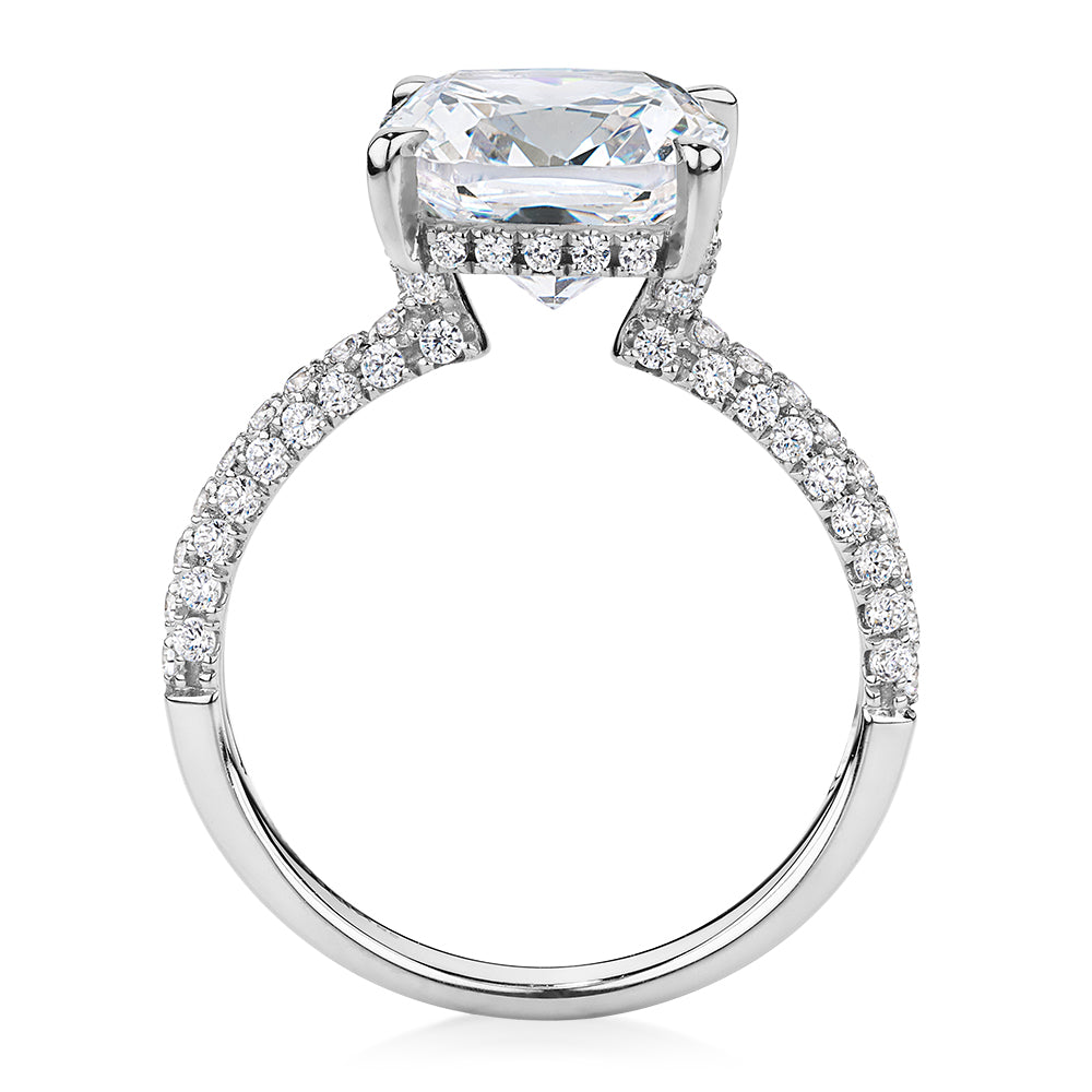 Cushion and Round Brilliant shouldered engagement ring with 3.84 carats* of diamond simulants in 10 carat white gold