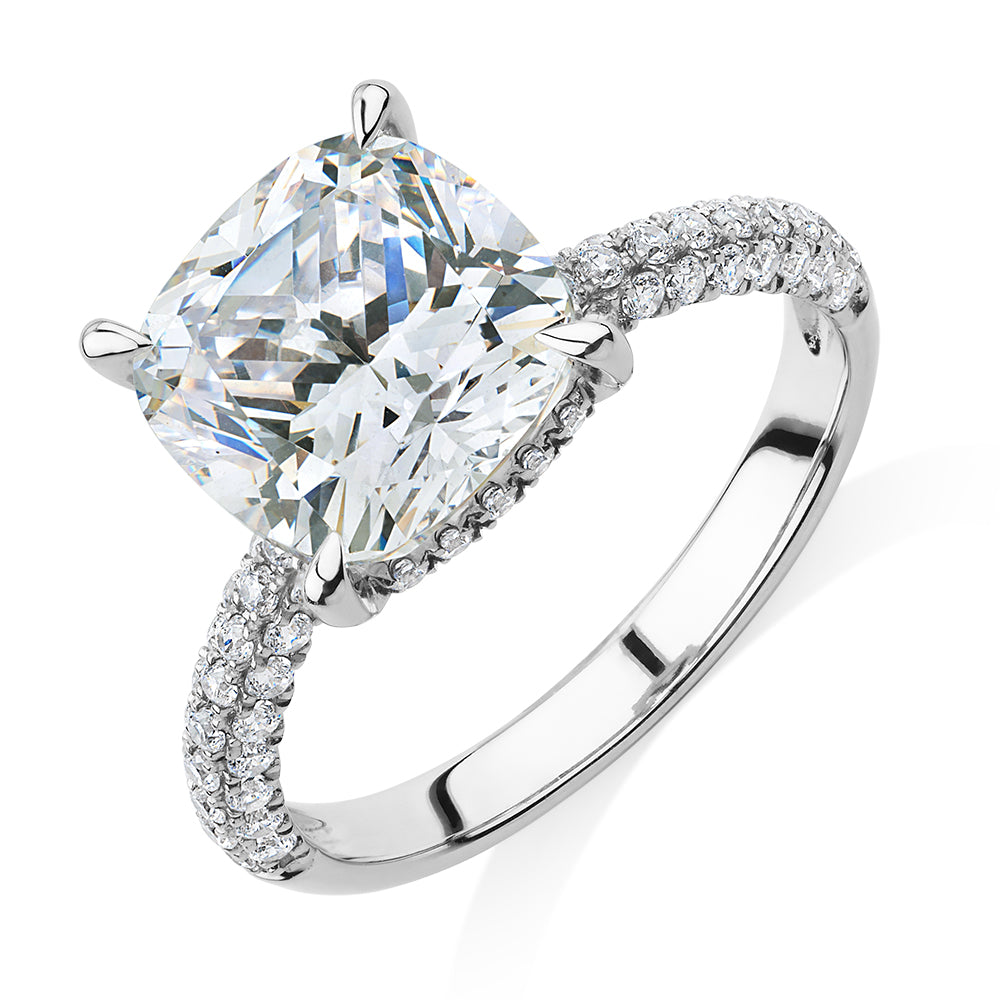 Cushion and Round Brilliant shouldered engagement ring with 3.84 carats* of diamond simulants in 10 carat white gold