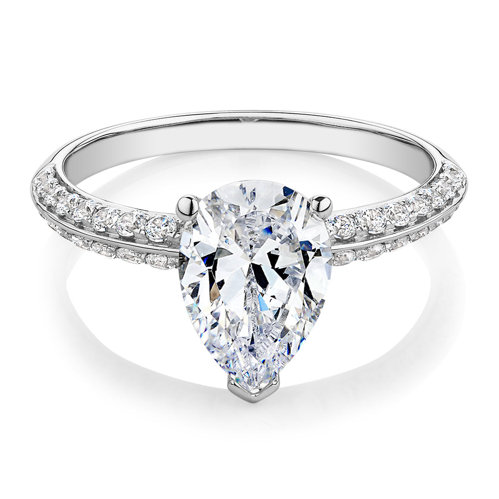 Pear shouldered engagement ring with 2.22 carats* of diamond simulants in 14 carat white gold