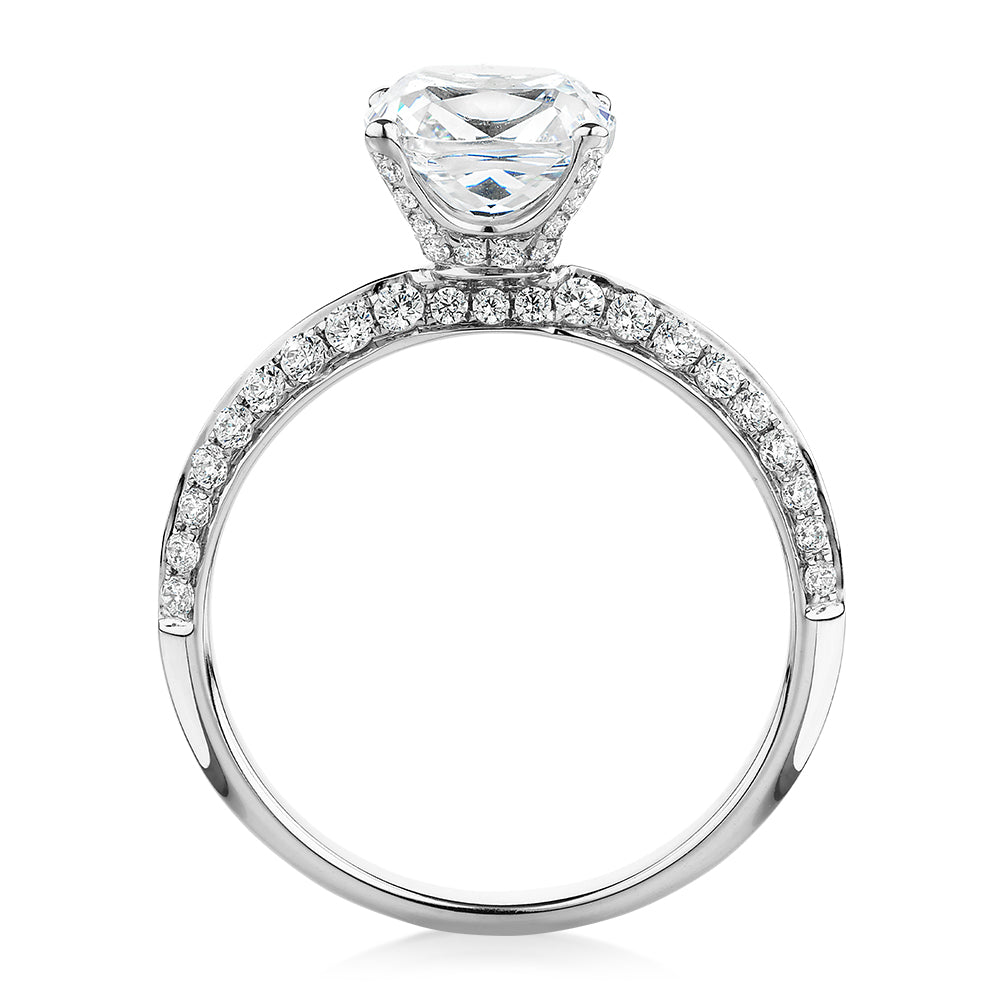 Cushion shouldered engagement ring with 2.08 carats* of diamond simulants in 14 carat white gold