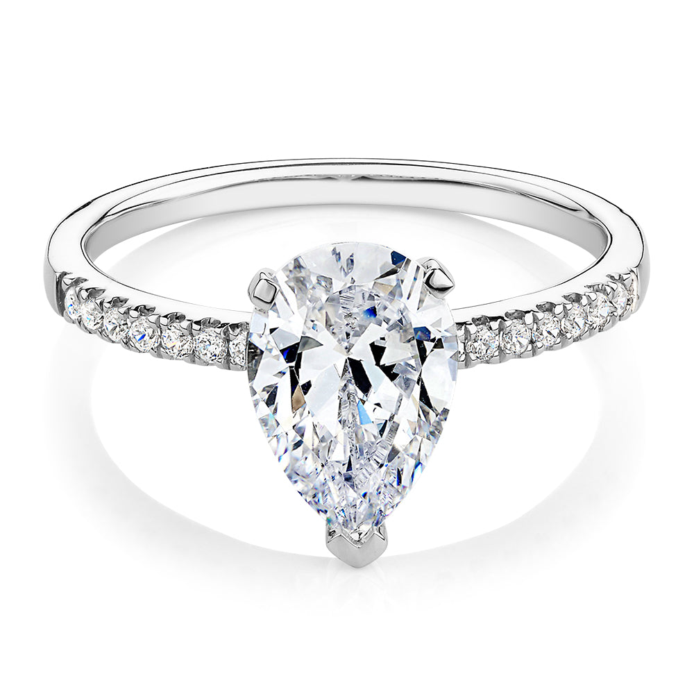 Pear and Round Brilliant shouldered engagement ring with 1.88 carats* of diamond simulants in 14 carat white gold