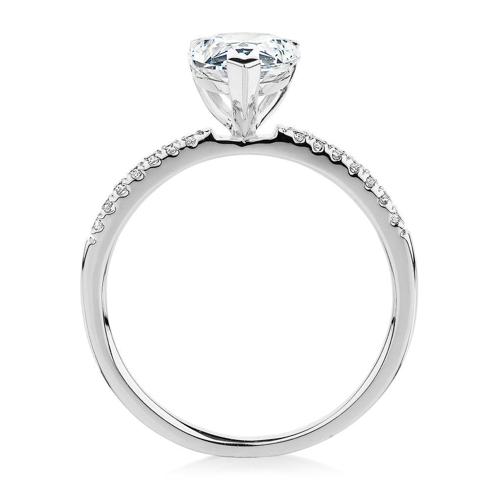 Pear and Round Brilliant shouldered engagement ring with 1.88 carats* of diamond simulants in 14 carat white gold