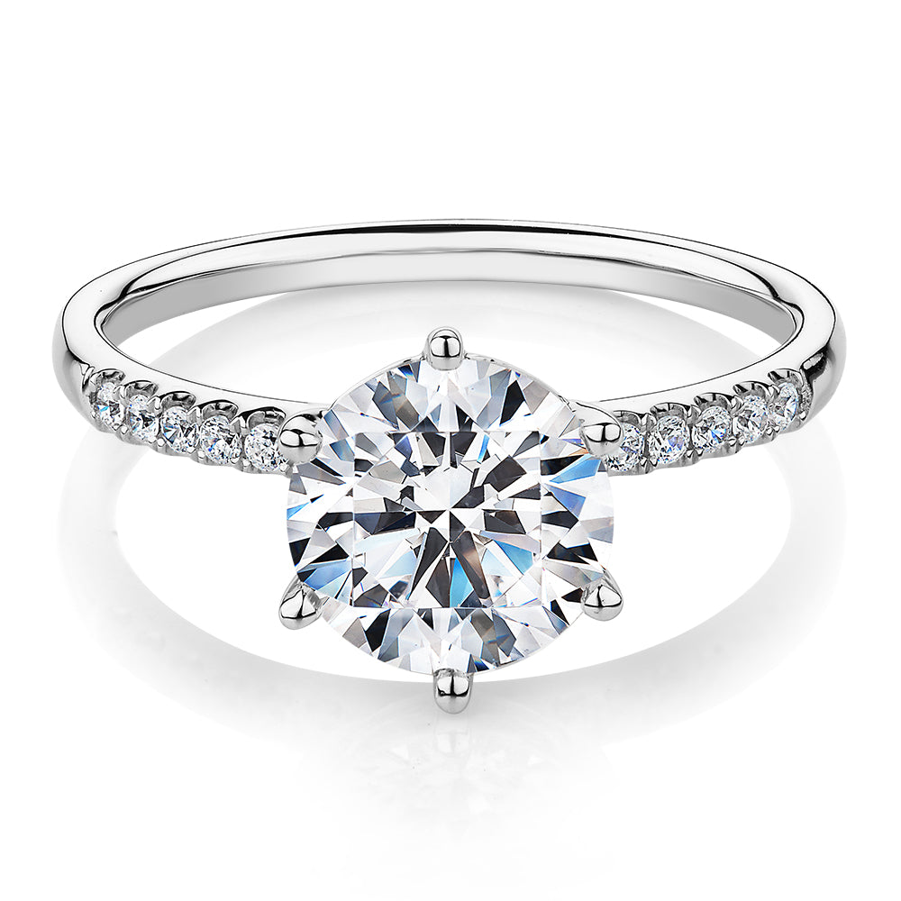 Round Brilliant shouldered engagement ring with 2.12 carats* of diamond simulants in 14 carat white gold