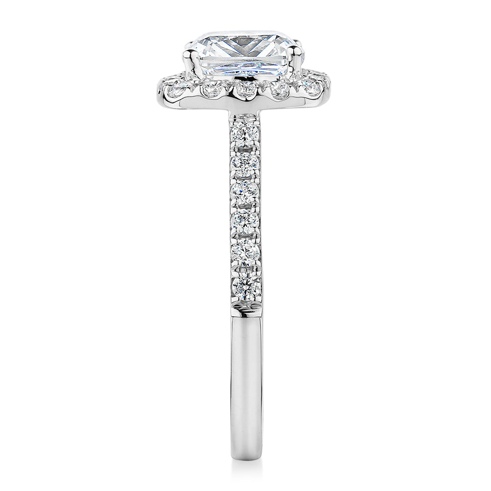 Cushion and Round Brilliant halo engagement ring with 2.09 carats* of diamond simulants in 10 carat white gold