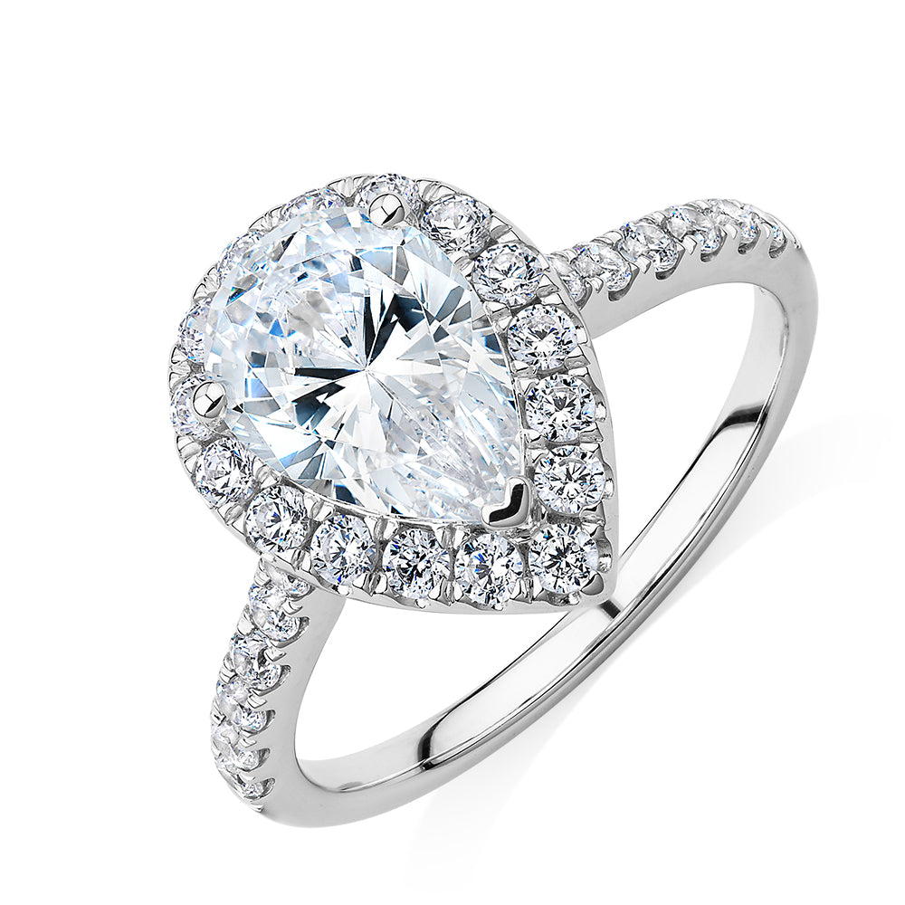 Pear and Round Brilliant halo engagement ring with 2.38 carats* of diamond simulants in 10 carat white gold