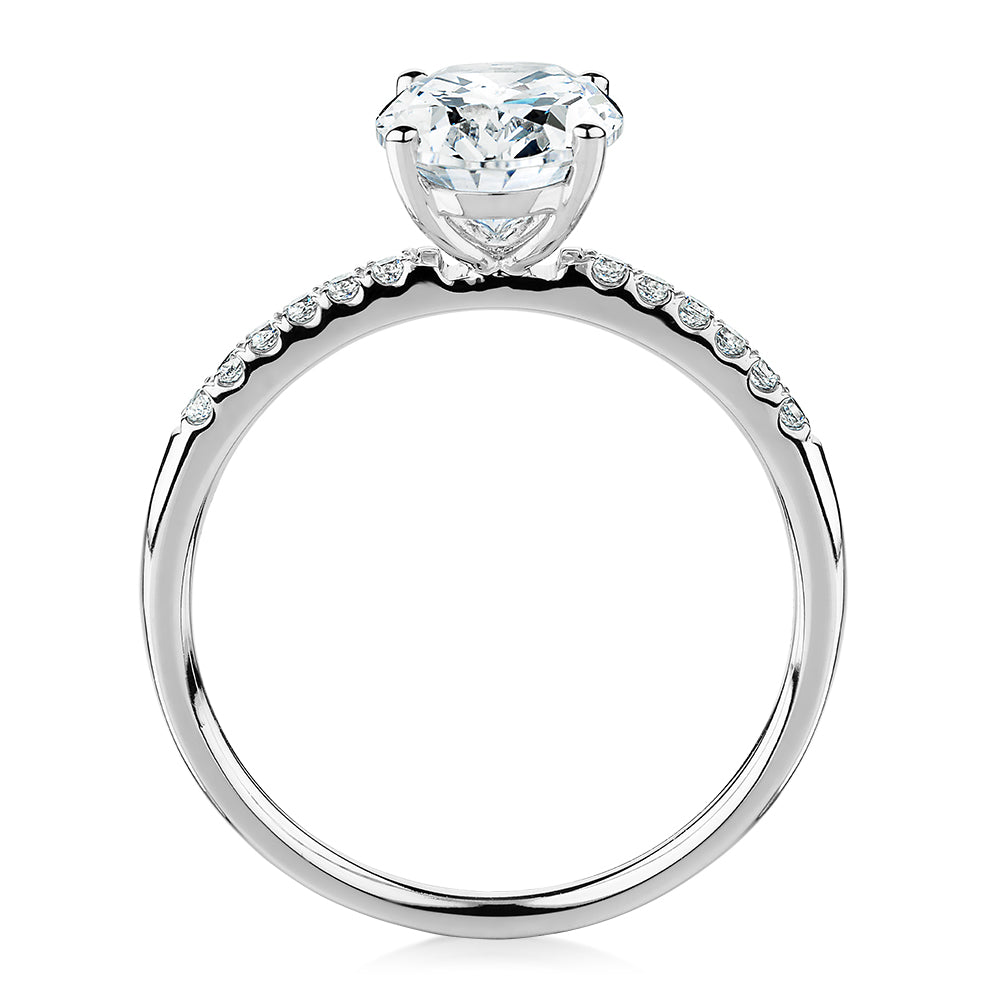 Oval and Round Brilliant shouldered engagement ring with 1.94 carats* of diamond simulants in 14 carat white gold