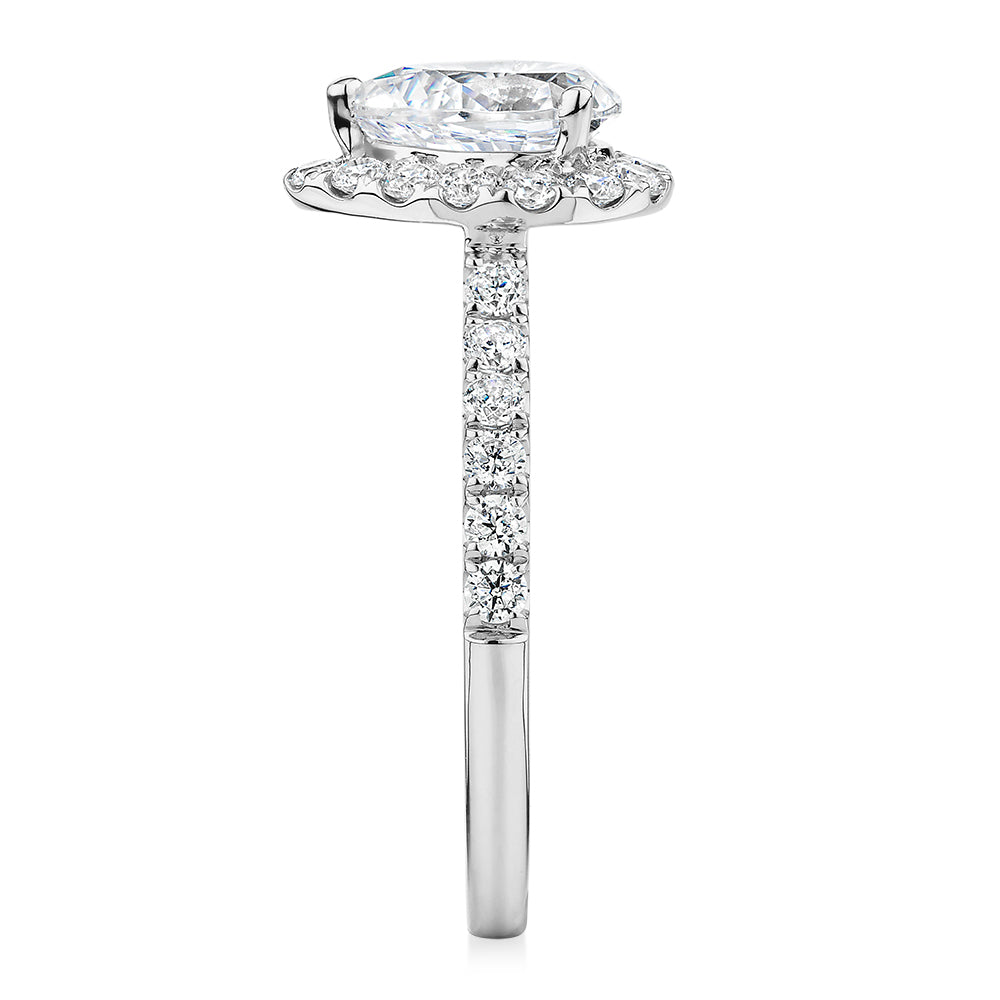 Pear and Round Brilliant halo engagement ring with 1.83 carats* of diamond simulants in 14 carat white gold