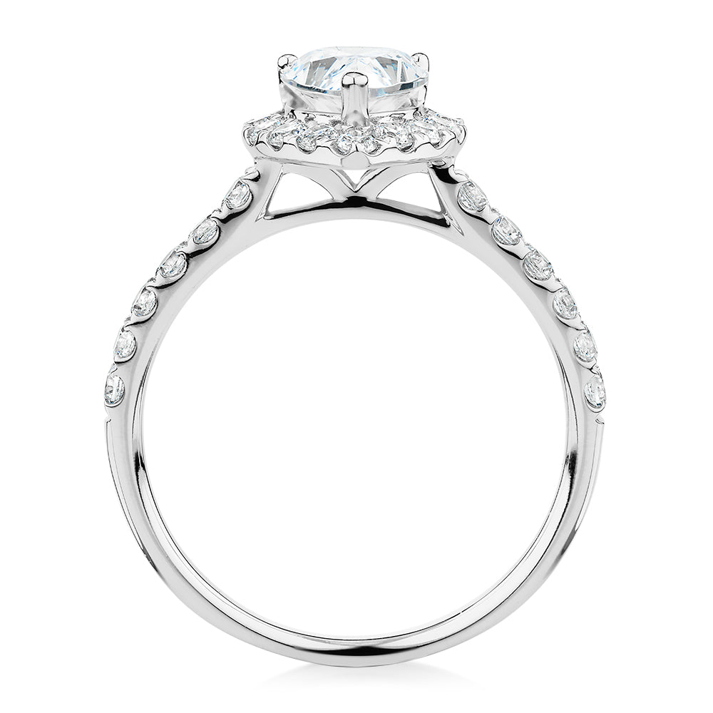 Pear and Round Brilliant halo engagement ring with 1.83 carats* of diamond simulants in 14 carat white gold