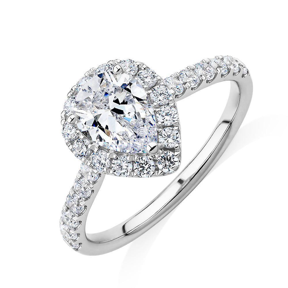 Pear and Round Brilliant halo engagement ring with 1.83 carats* of diamond simulants in 14 carat white gold