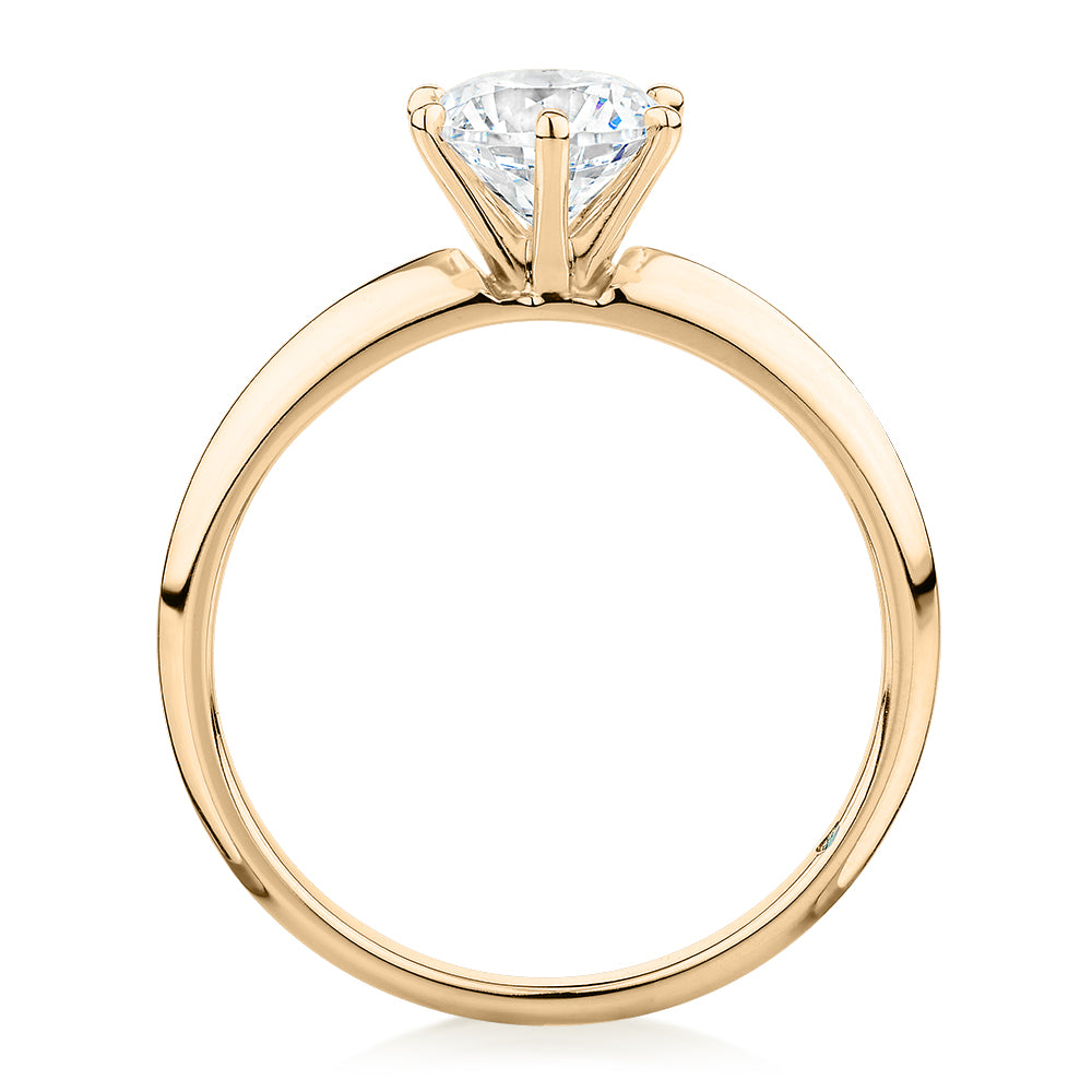 Premium Certified Laboratory Created Diamond, 1.00 carat round brilliant solitaire engagement ring in 14 carat yellow gold