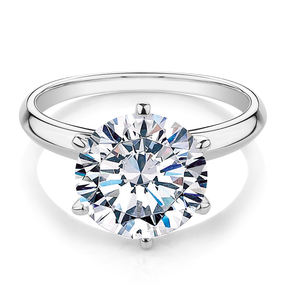 Round Brilliant solitaire engagement ring with 4 carat* diamond simulant in 14 carat white gold