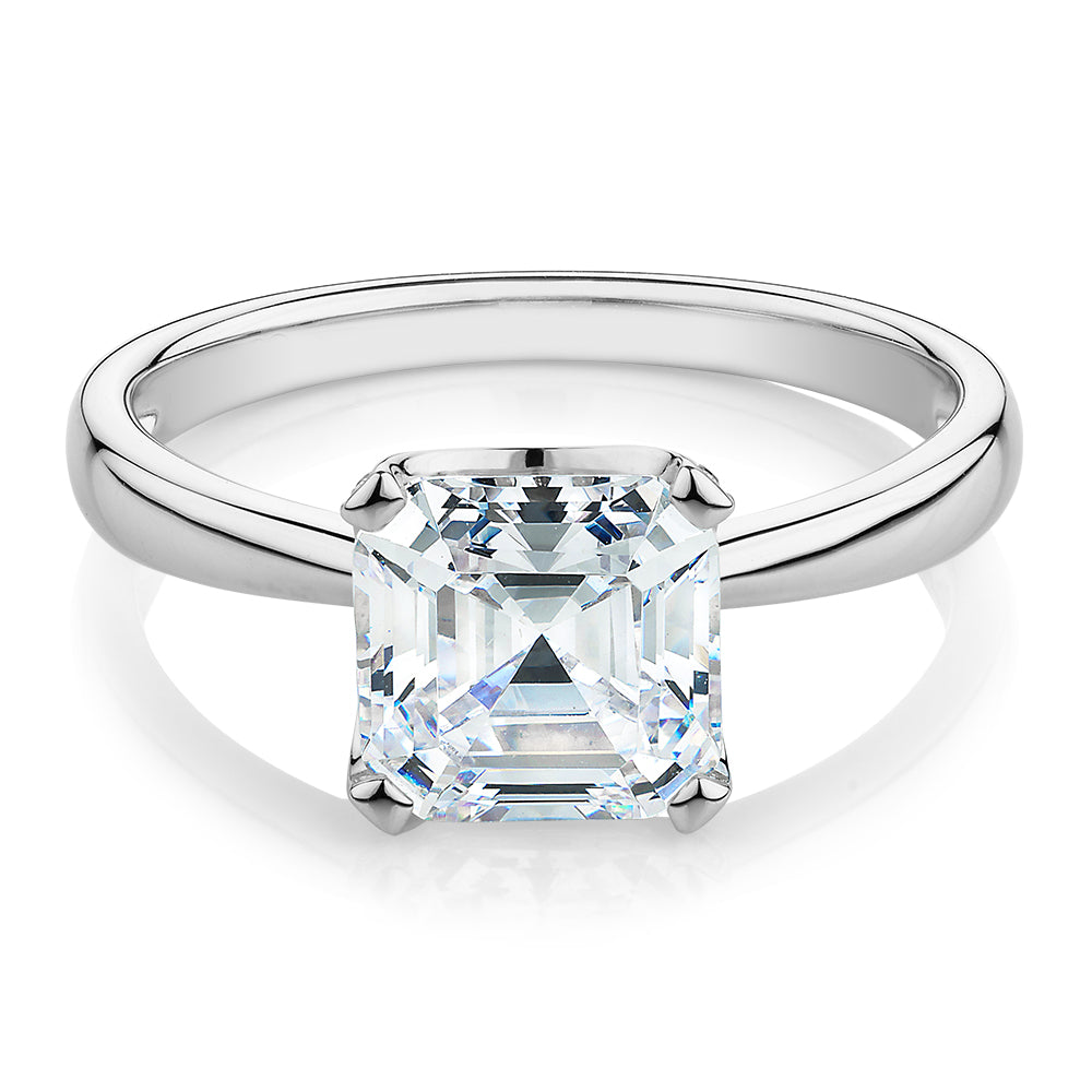 Asscher solitaire engagement ring with 2.55 carats* of diamond simulants in 14 carat white gold