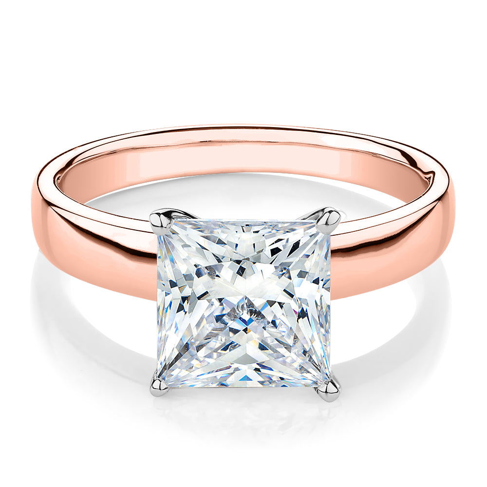 Princess Cut solitaire engagement ring with 3.01 carat* diamond simulant in 14 carat rose and white gold