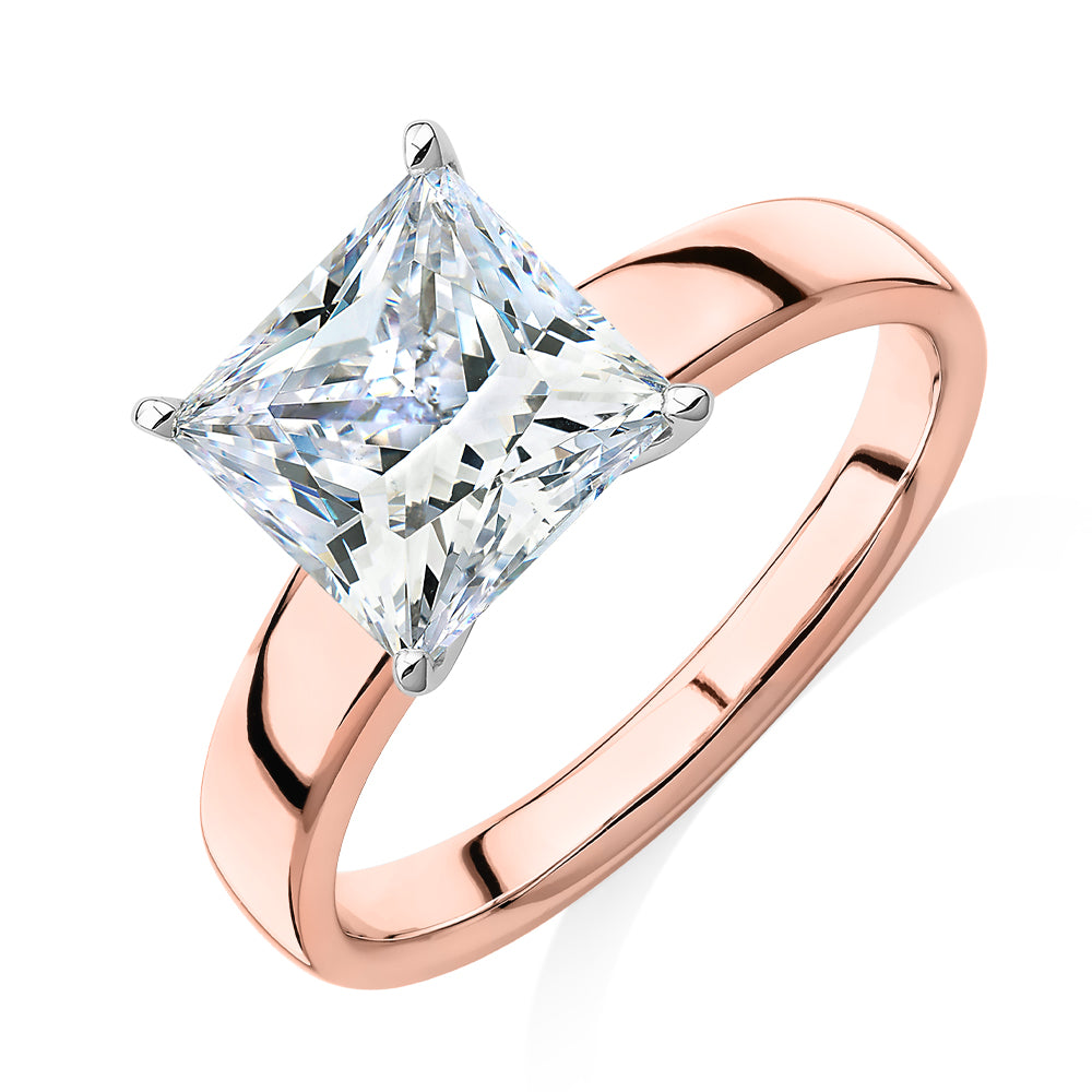 Princess Cut solitaire engagement ring with 3.01 carat* diamond simulant in 14 carat rose and white gold