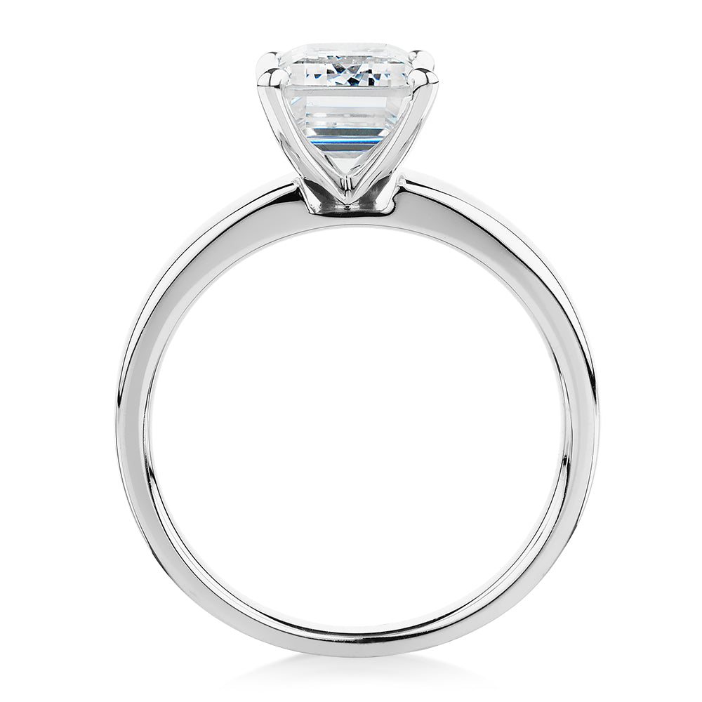 Emerald Cut solitaire engagement ring with 3.01 carat* diamond simulant in 14 carat white gold