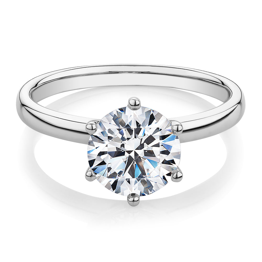 Round Brilliant solitaire engagement ring with 2 carat* diamond simulant in 14 carat white gold