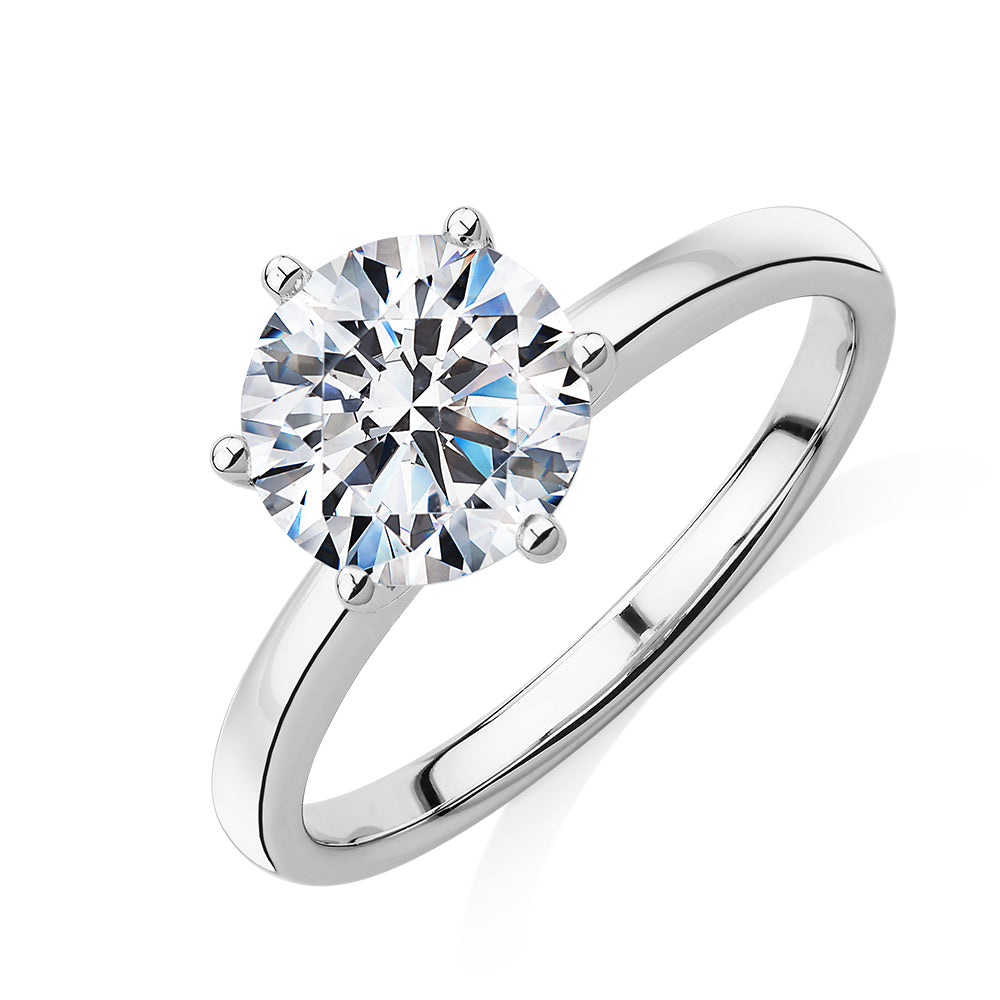 Round Brilliant solitaire engagement ring with 2 carat* diamond simulant in 14 carat white gold