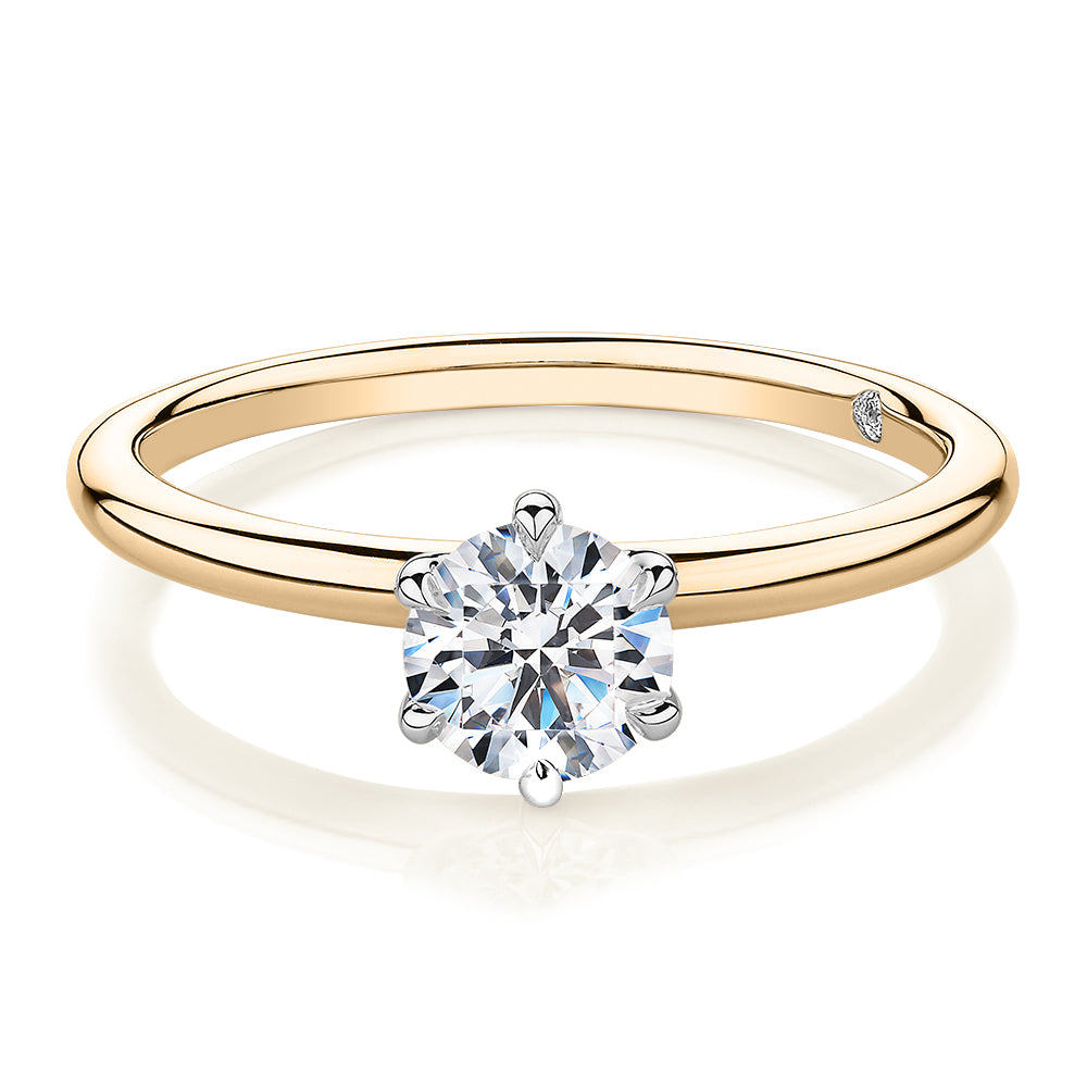 Signature Simulant Diamond 0.70 carat* round brilliant solitaire engagement ring in 14 carat yellow and white gold