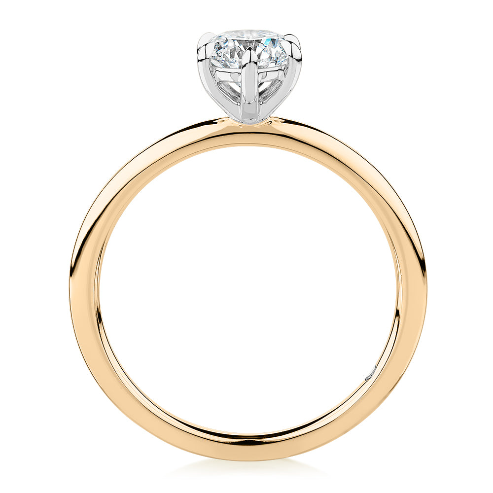 Signature Simulant Diamond 0.70 carat* round brilliant solitaire engagement ring in 14 carat yellow and white gold