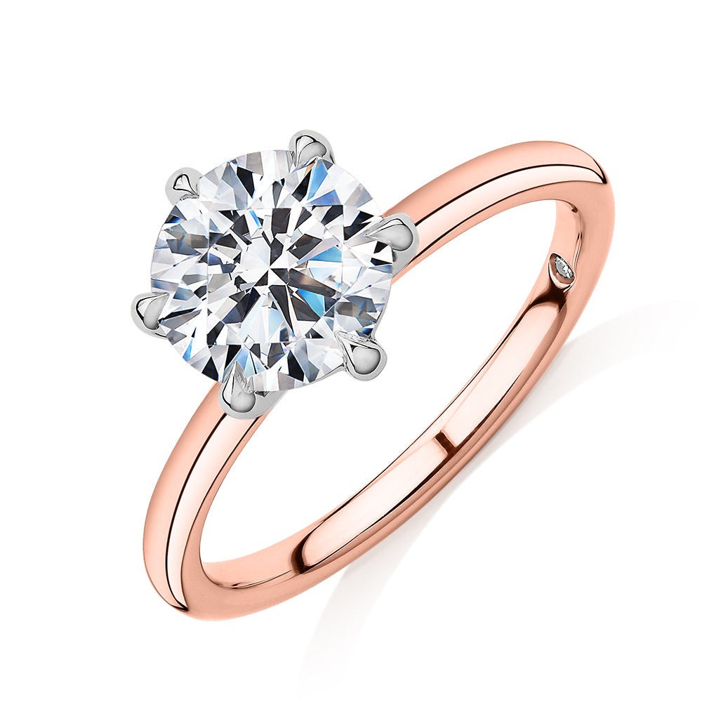 Signature Simulant Diamond 2.00 carat* round brilliant solitaire engagement ring in 14 carat rose and white gold