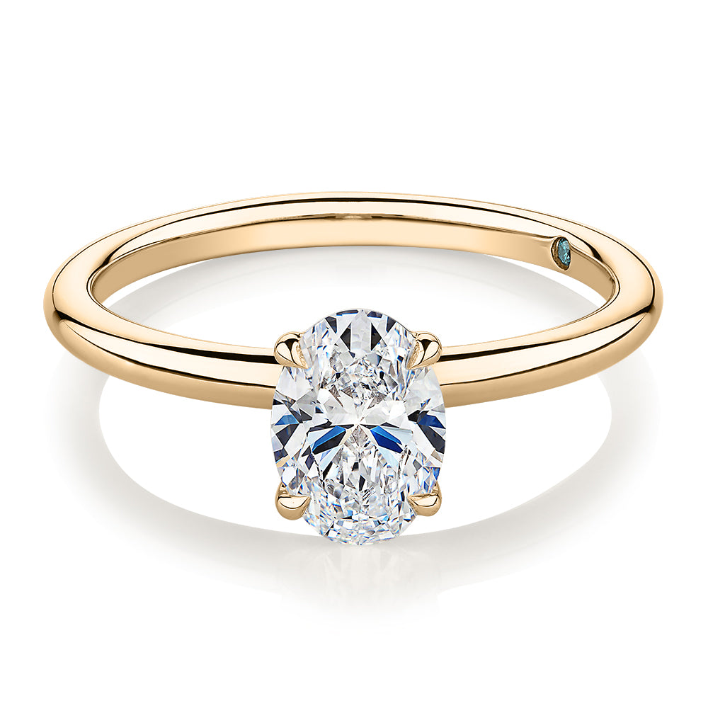 Premium Certified Laboratory Created Diamond, 1.00 carat oval solitaire engagement ring in 14 carat yellow gold