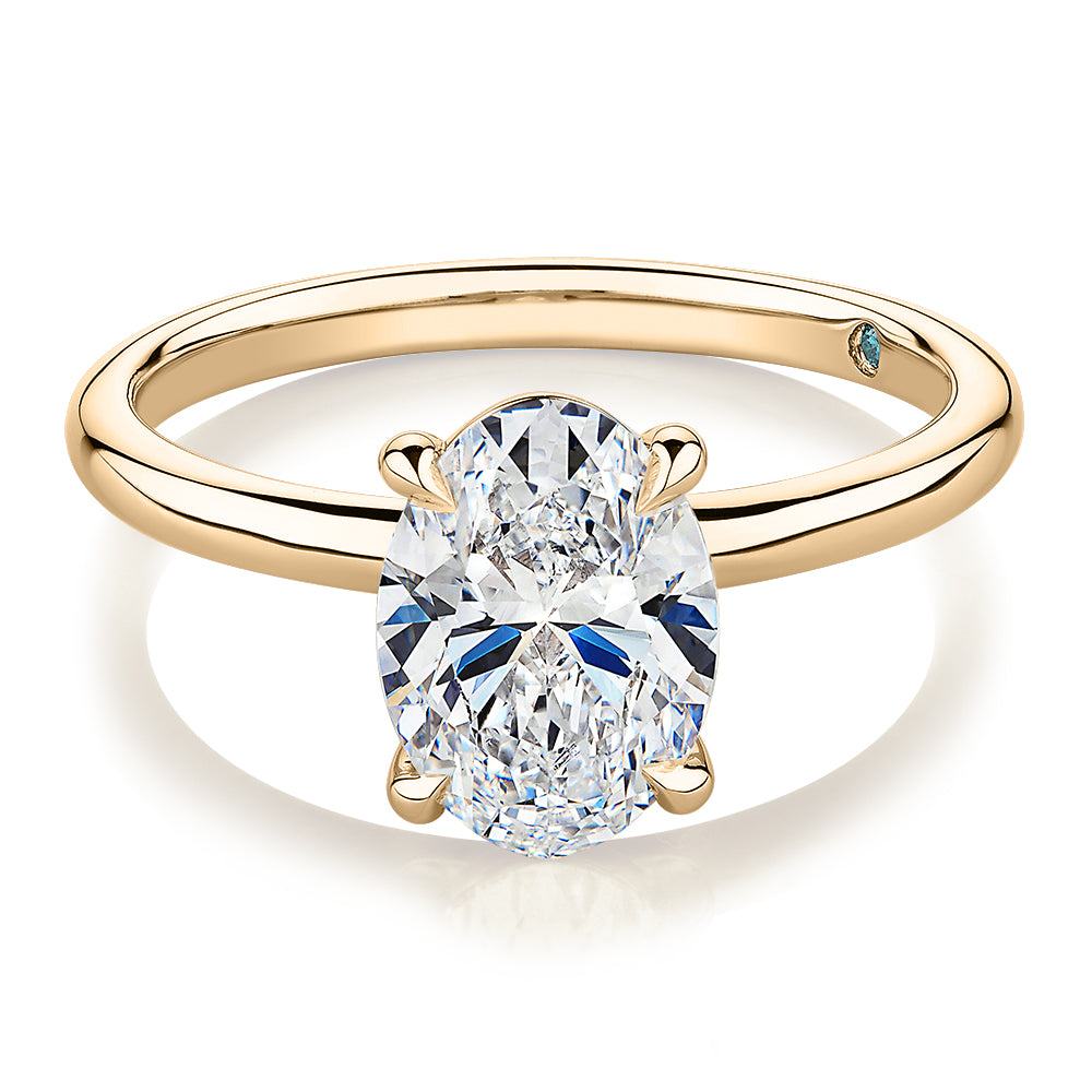 Premium Certified Lab-Grown Diamond, 2.00 carat oval solitaire engagement ring in 14 carat yellow gold