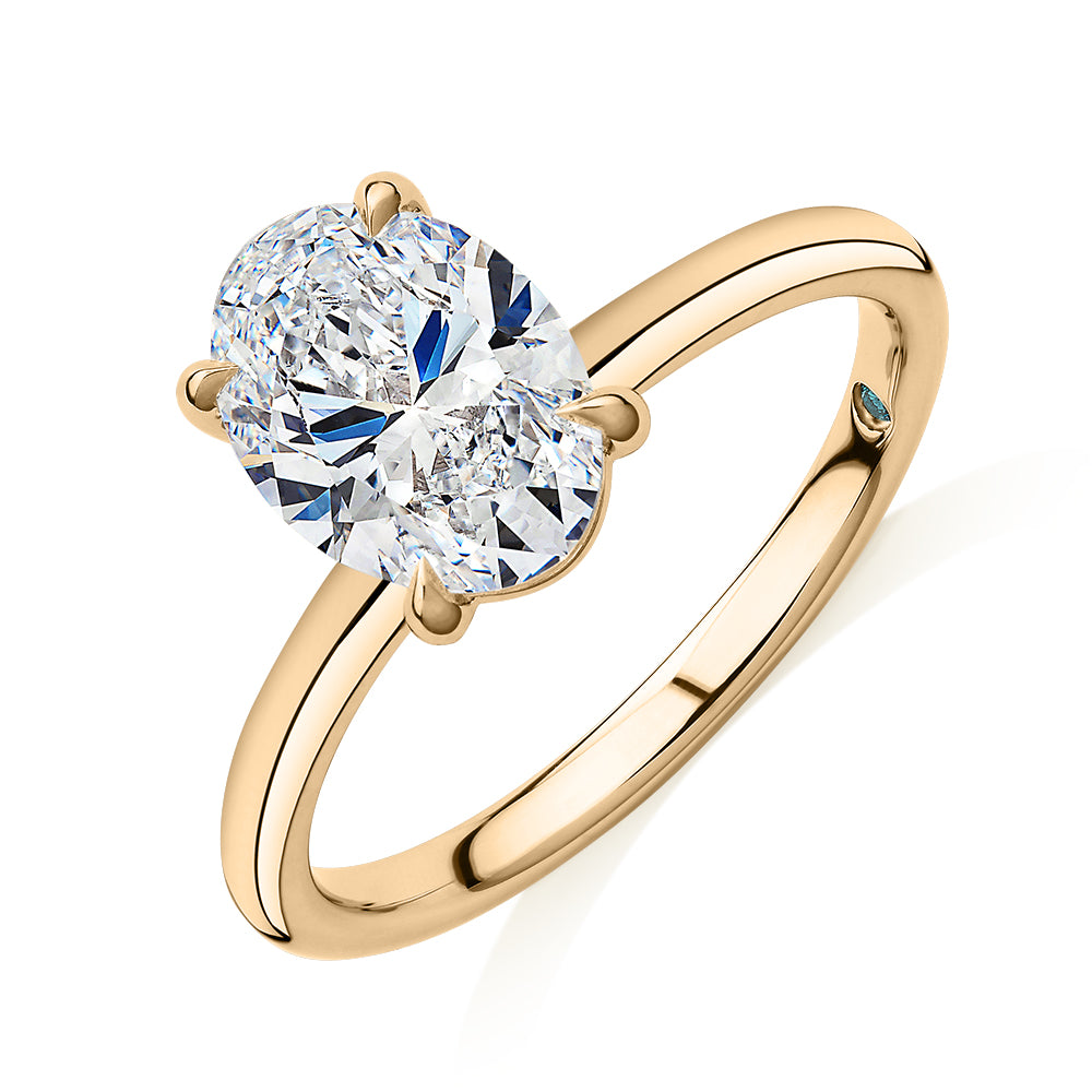 Premium Certified Lab-Grown Diamond, 2.00 carat oval solitaire engagement ring in 14 carat yellow gold